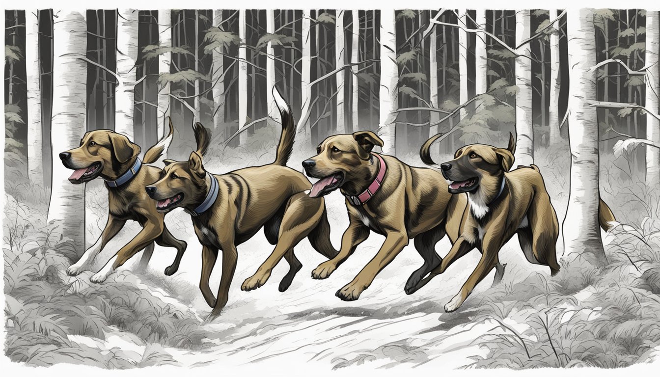 A group of hunting dogs running through a dense forest, their noses to the ground as they search for prey