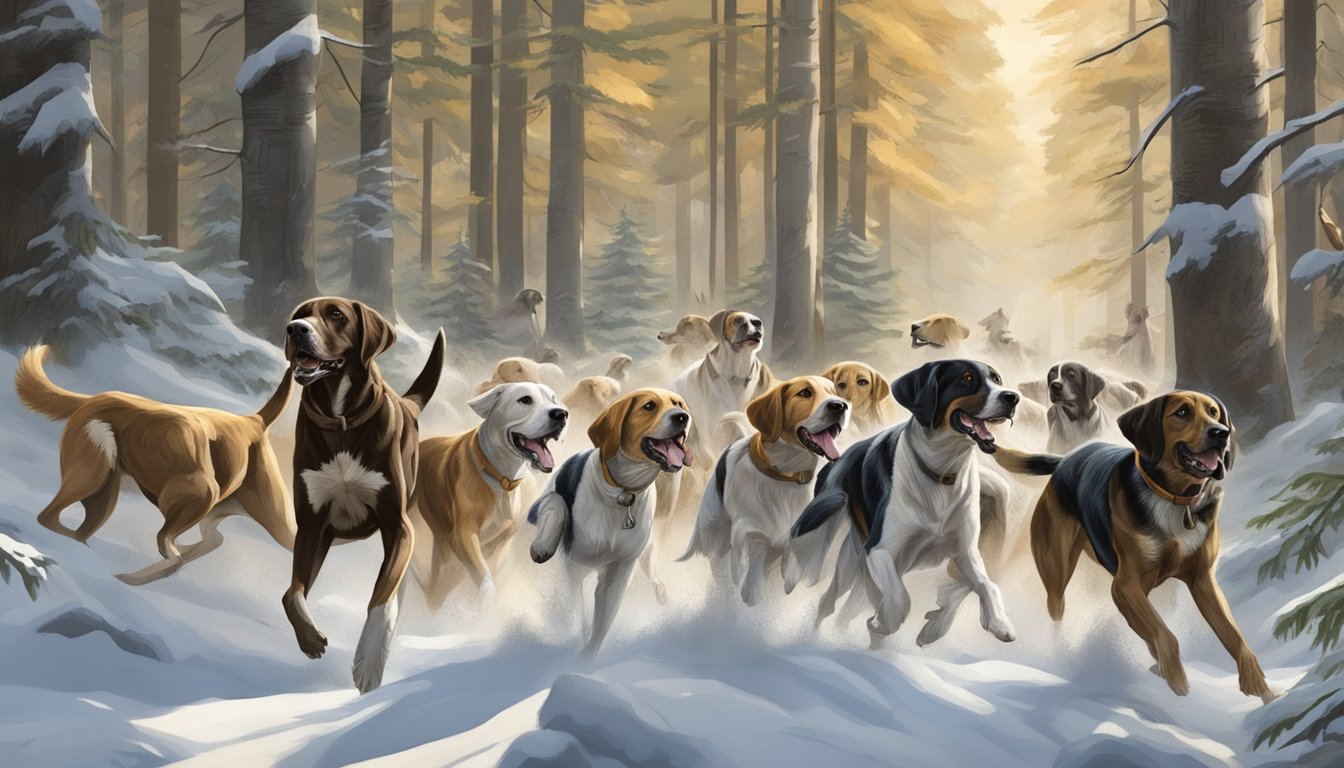 A pack of hunting dogs, including pointers, retrievers, and hounds, running through a dense forest in pursuit of their prey