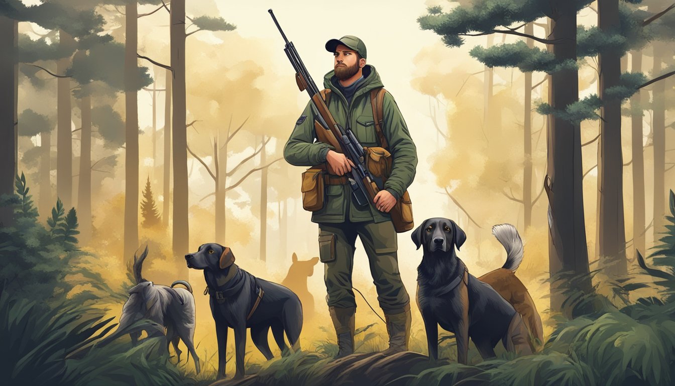 A hunter with a rifle and hunting gear stands in a forest with a pack of hunting dogs, surrounded by trees and bushes