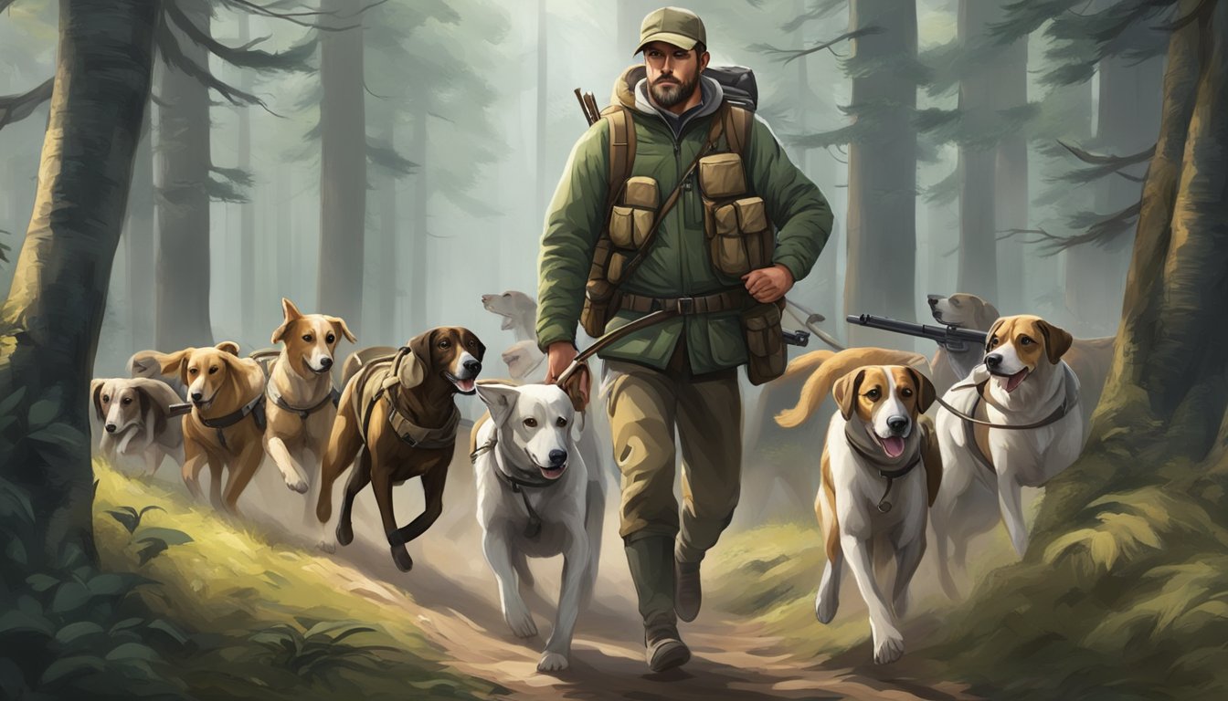 A hunter with a rifle and a pack of hounds trek through a dense forest in pursuit of game