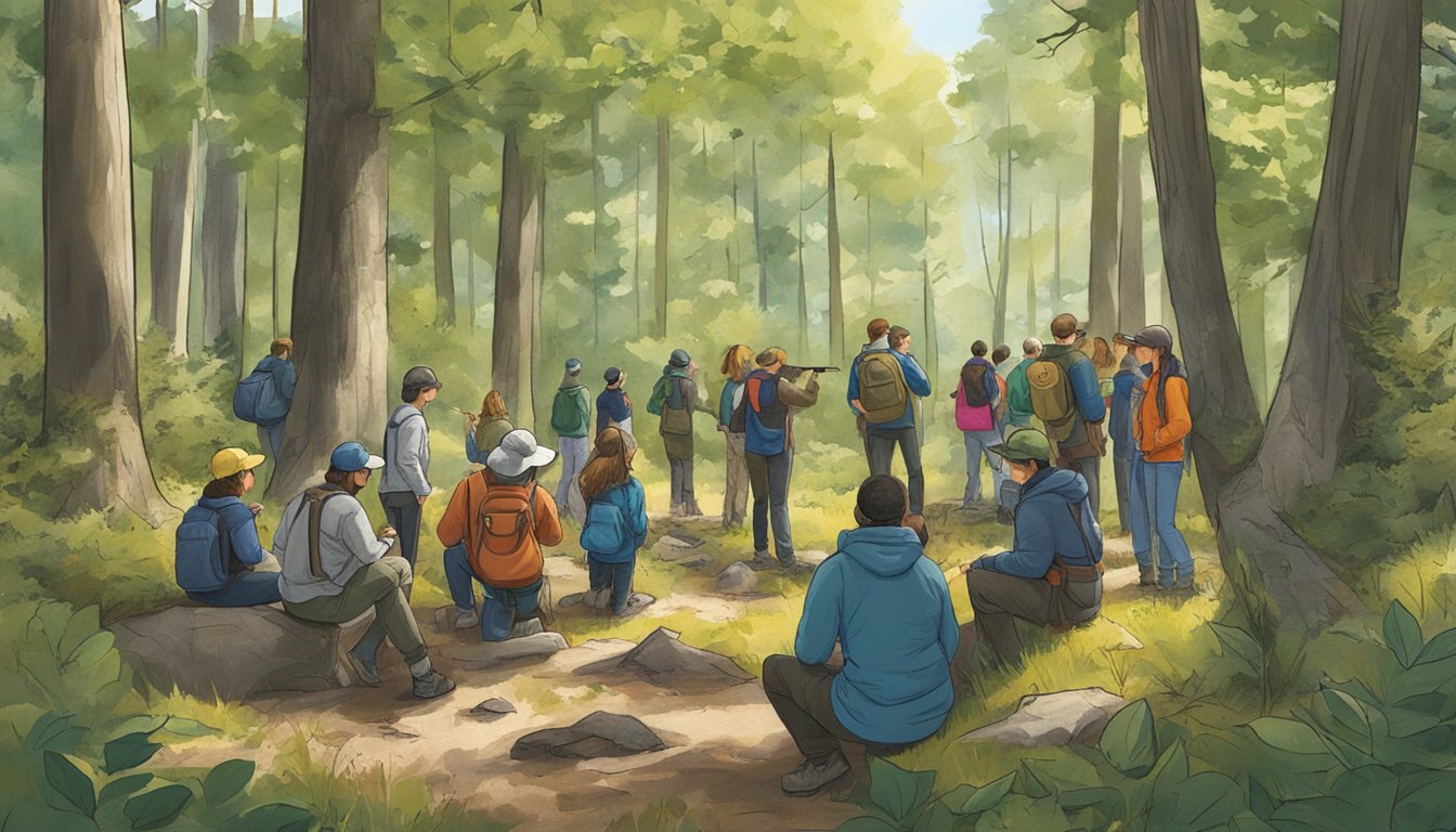 A group of students gather in a wooded area, surrounded by trees and wildlife, as they participate in a hands-on hunter education field day course