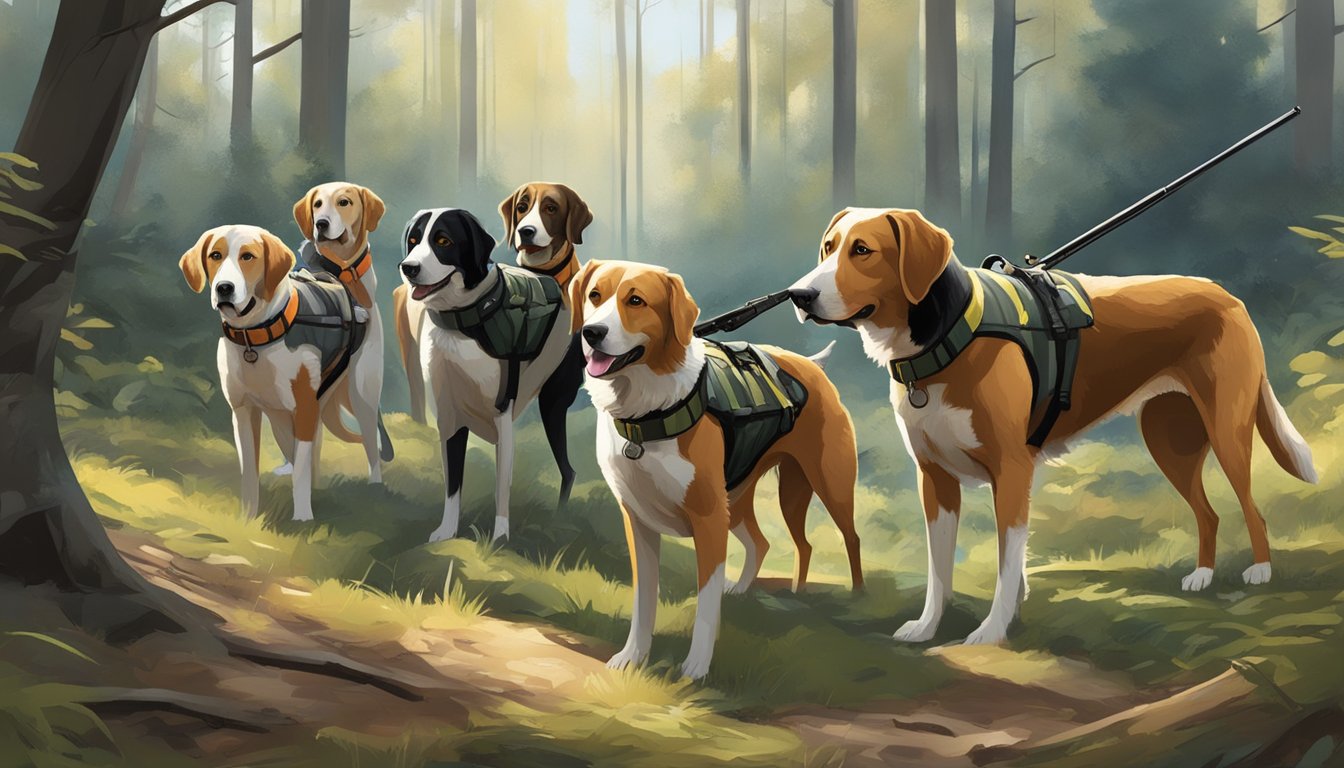 A group of hunting dogs, equipped with protective vests and GPS collars, are eagerly sniffing around a wooded area in search of game