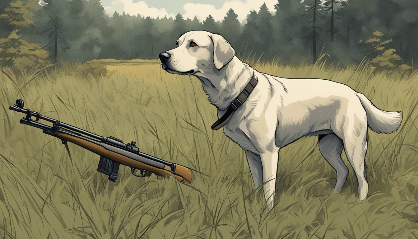 A dog stands alert in a grassy field, surrounded by trees and brush. A hunting rifle and gear lie nearby