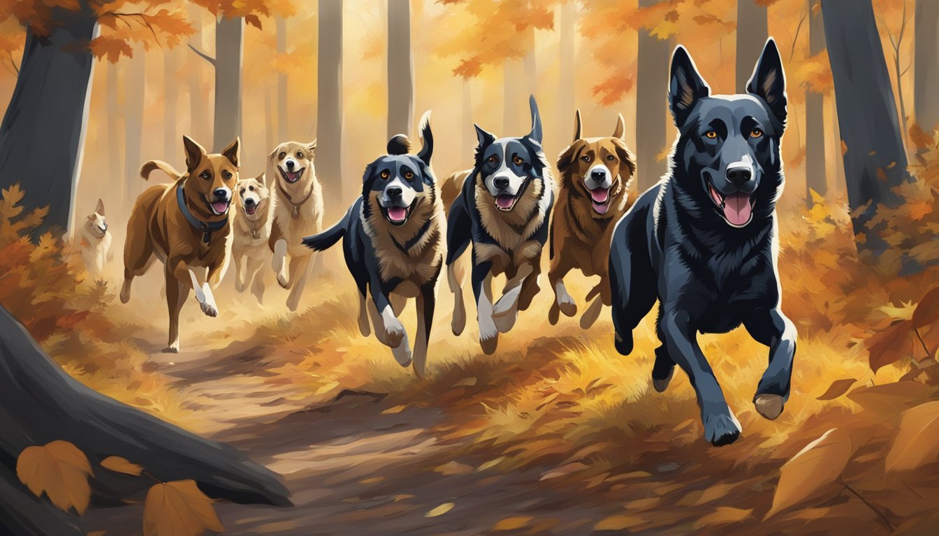 A pack of hunting dogs running through a forest in autumn, leaves falling from the trees as they chase after game