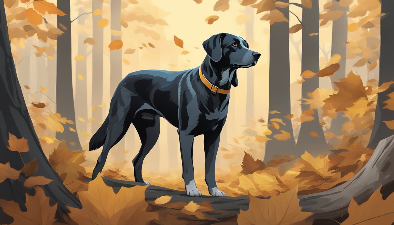 A hunting dog standing alert in a forest clearing, surrounded by trees and fallen leaves