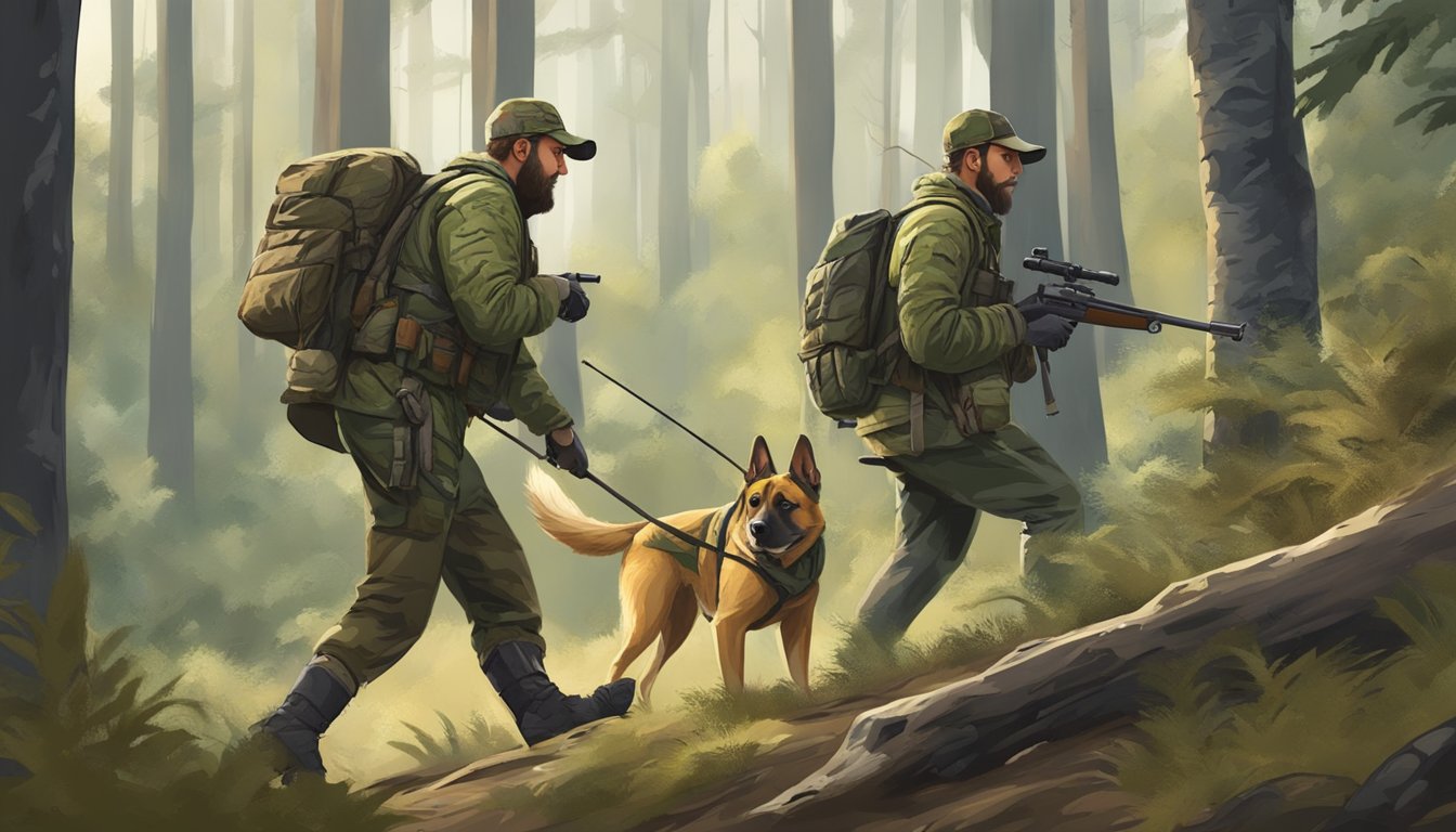 A hunter and their dog trek through a forest, the dog eagerly leading the way with its nose to the ground. The hunter carries a rifle and wears camouflage gear