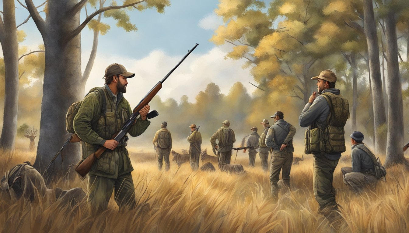 A group of hunters gather in a field, surrounded by trees and wildlife. Instructors lead discussions on advanced hunting techniques and safety