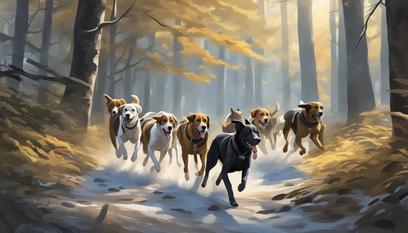 A pack of hunting dogs running through a forest, noses to the ground, searching for prey