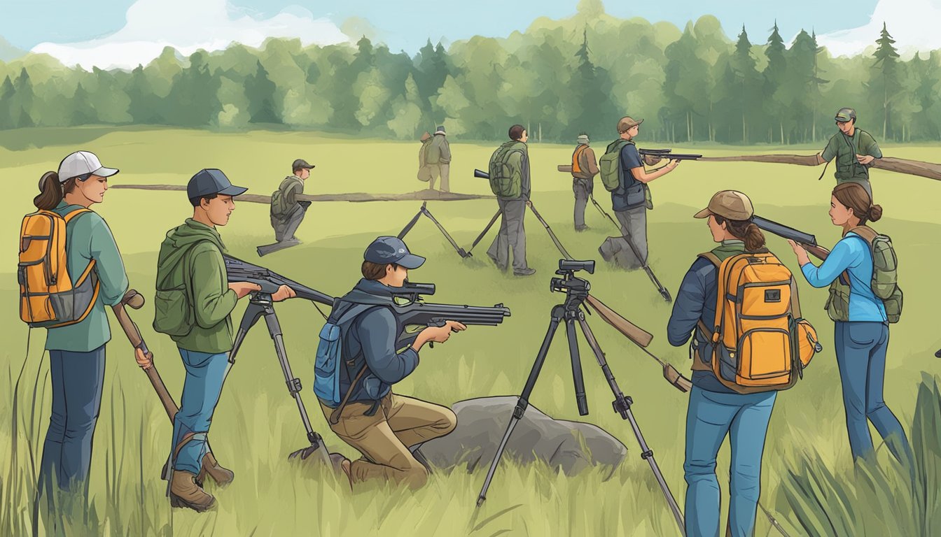 A group of students practice outdoor skills at a hunter education field day course. They navigate obstacles, use firearms, and learn about wildlife conservation