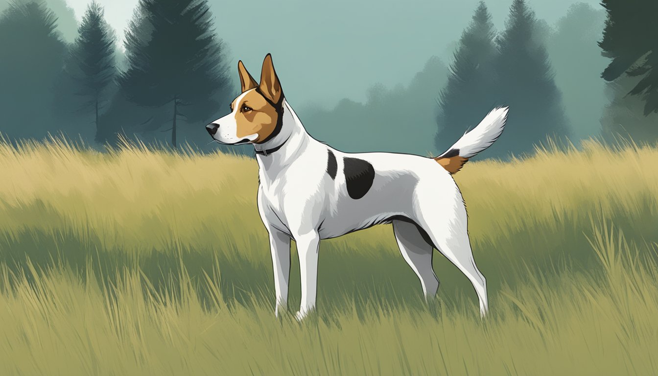 A dog standing in a grassy field with trees in the background, looking off into the distance as if ready for a hunt