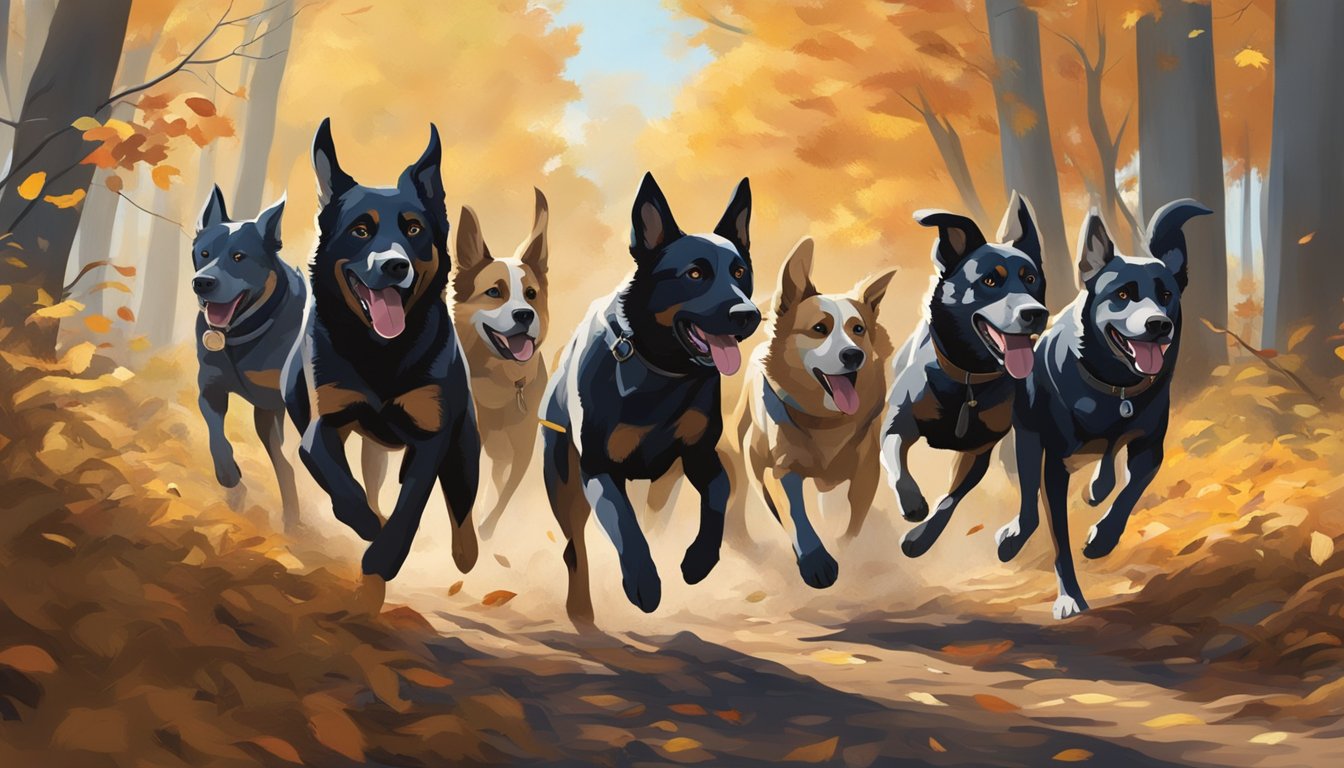 A pack of hunting dogs running through a forest, with autumn leaves on the ground and a clear blue sky above