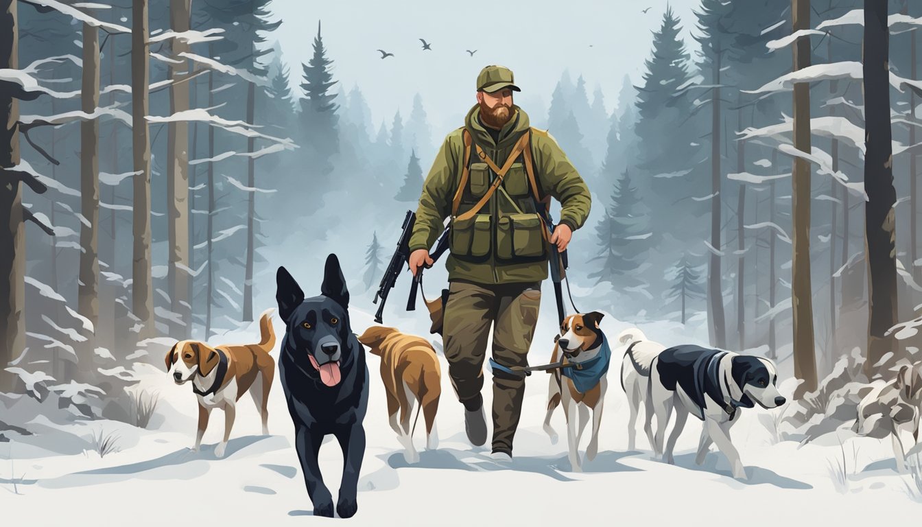 A hunter with a rifle and a pack of hunting dogs walking through a forest in search of game