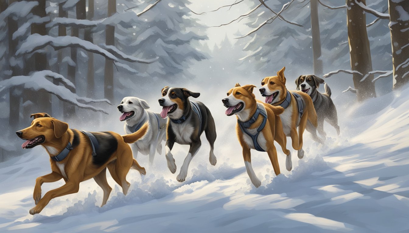 A group of hunting dogs sprint through a snowy forest, their noses to the ground as they follow the scent of their prey