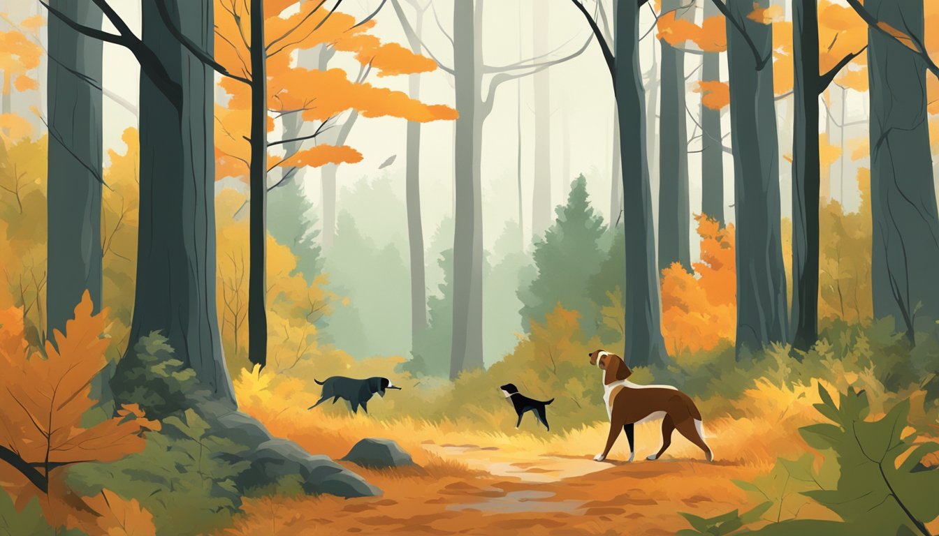 A forest with changing foliage from green to orange, with a hunting dog sniffing the ground