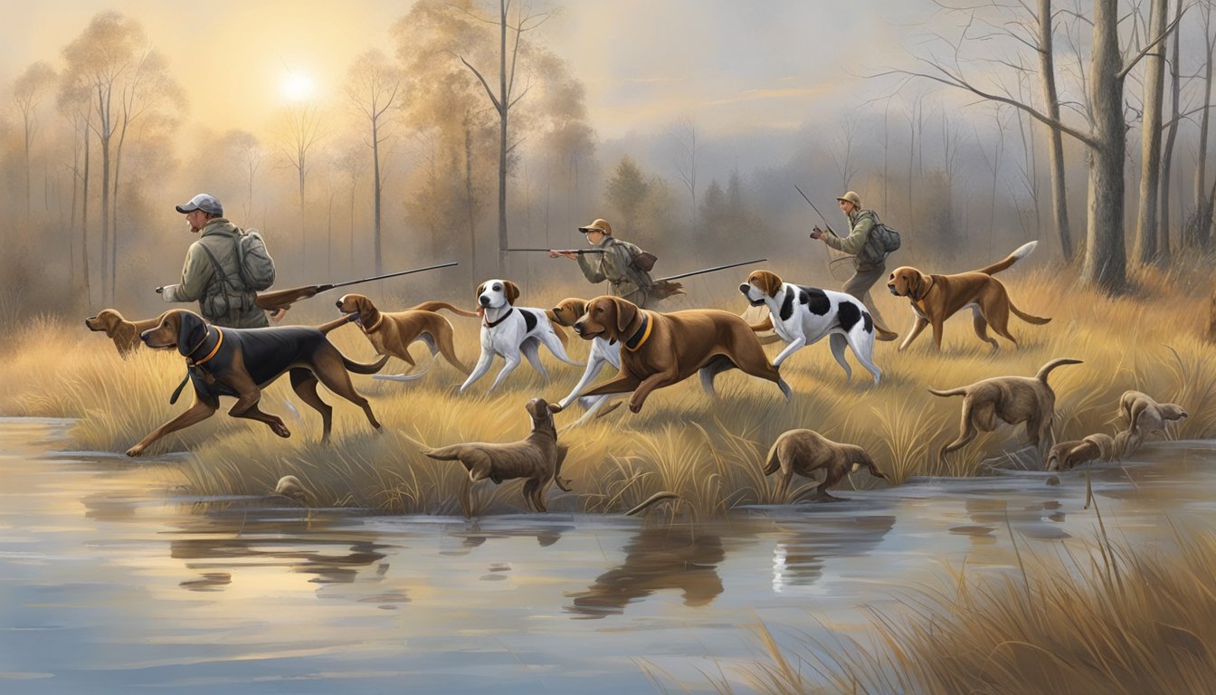 Several hunting dogs, including pointers, retrievers, and hounds, are shown in various hunting scenarios, such as tracking, flushing, and retrieving game