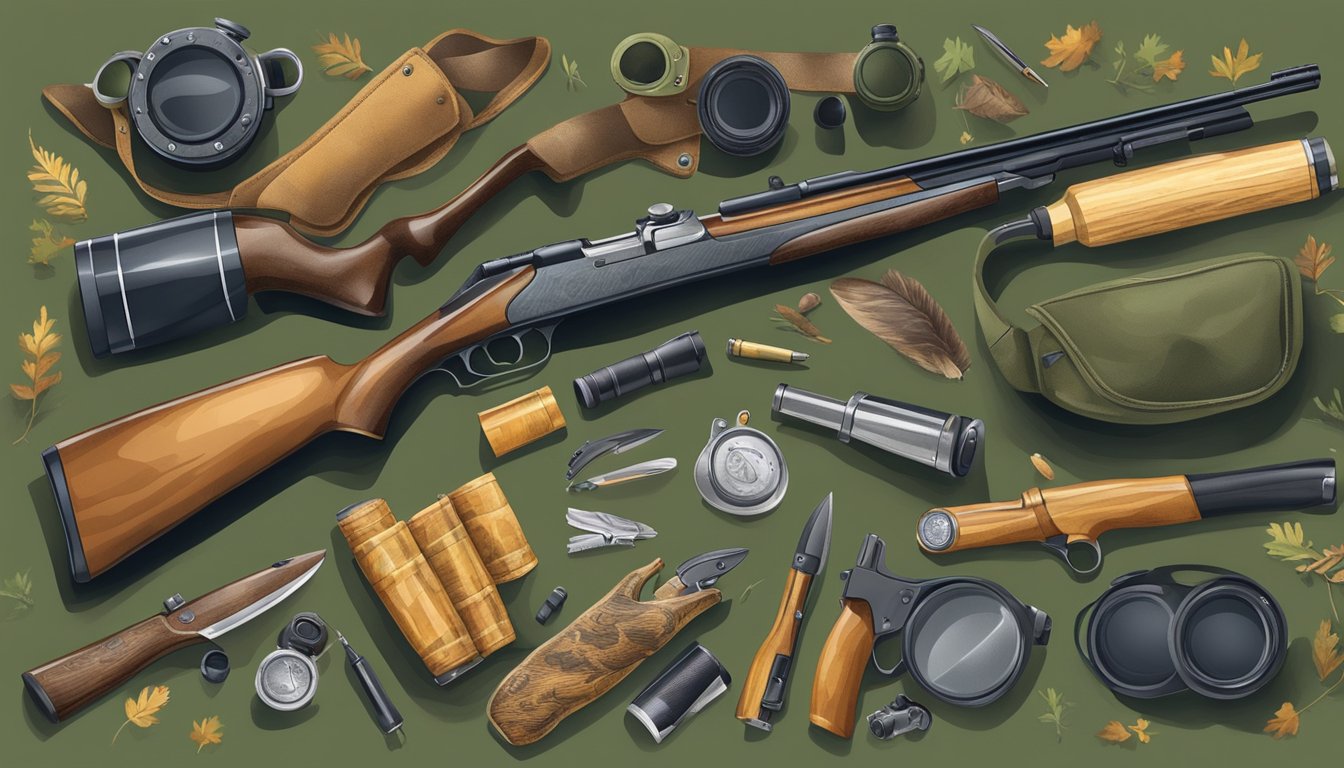 A hunter's gear laid out: camouflage clothing, shotgun, ammunition, hunting knife, binoculars, and a hunting dog eagerly waiting