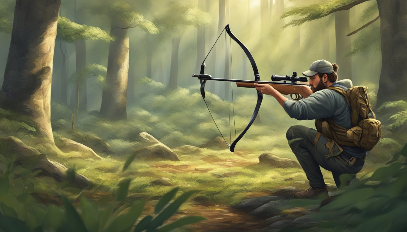 A hunter kneeling in the forest, aiming a bow at a distant target. Surrounding foliage and wildlife visible