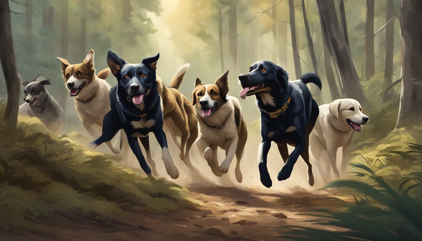 A pack of hunting dogs sprint through a dense forest, noses to the ground and tails held high, eagerly searching for their quarry