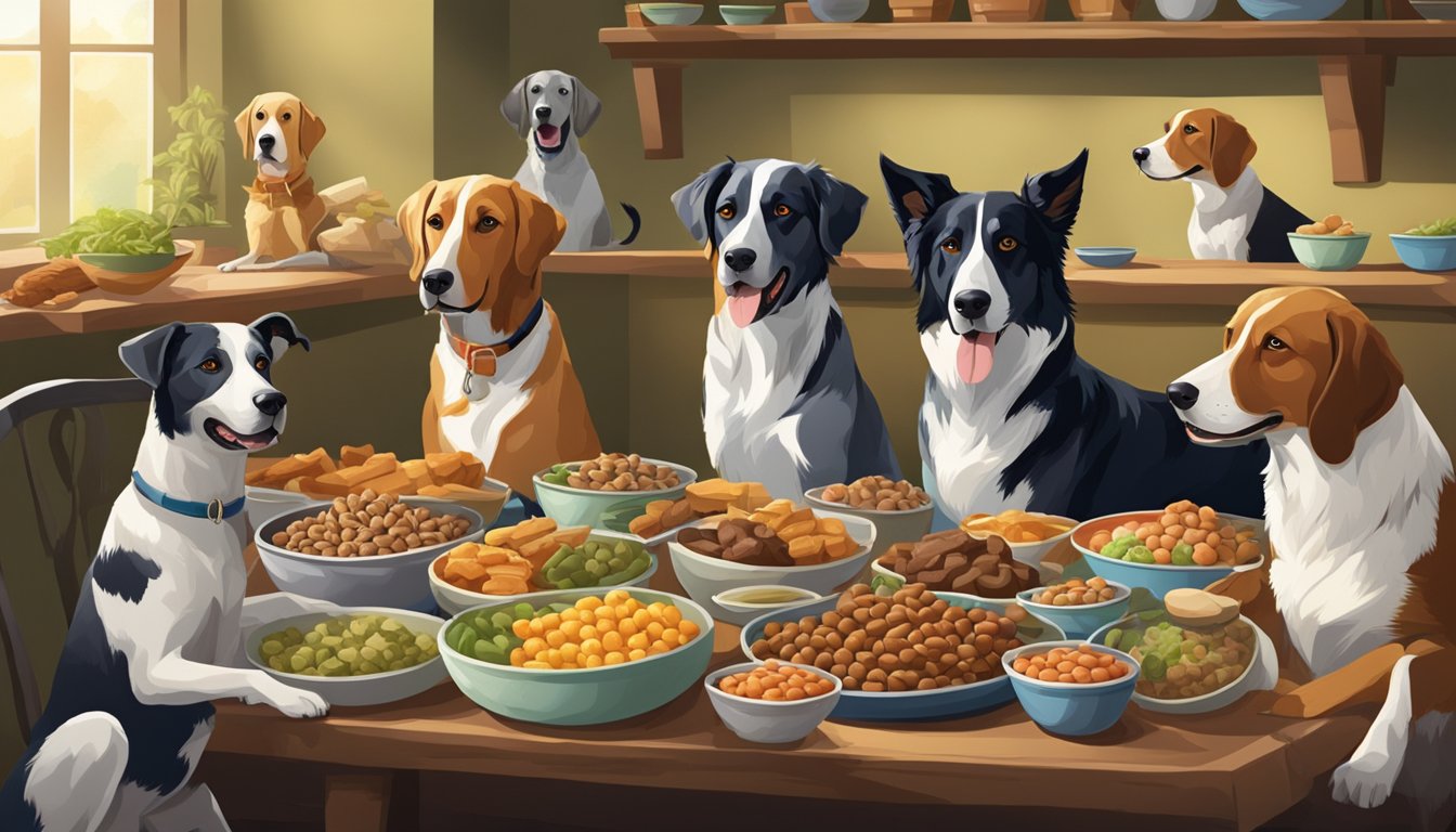 A group of energetic hunting dogs eagerly await their meal, surrounded by bowls of carefully selected and balanced nutritional food