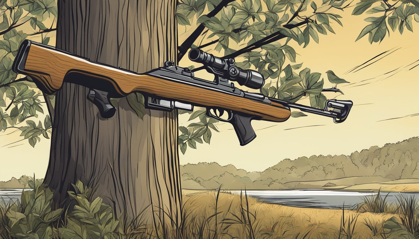 A calendar with highlighted dates and a hunting rifle leaning against a tree