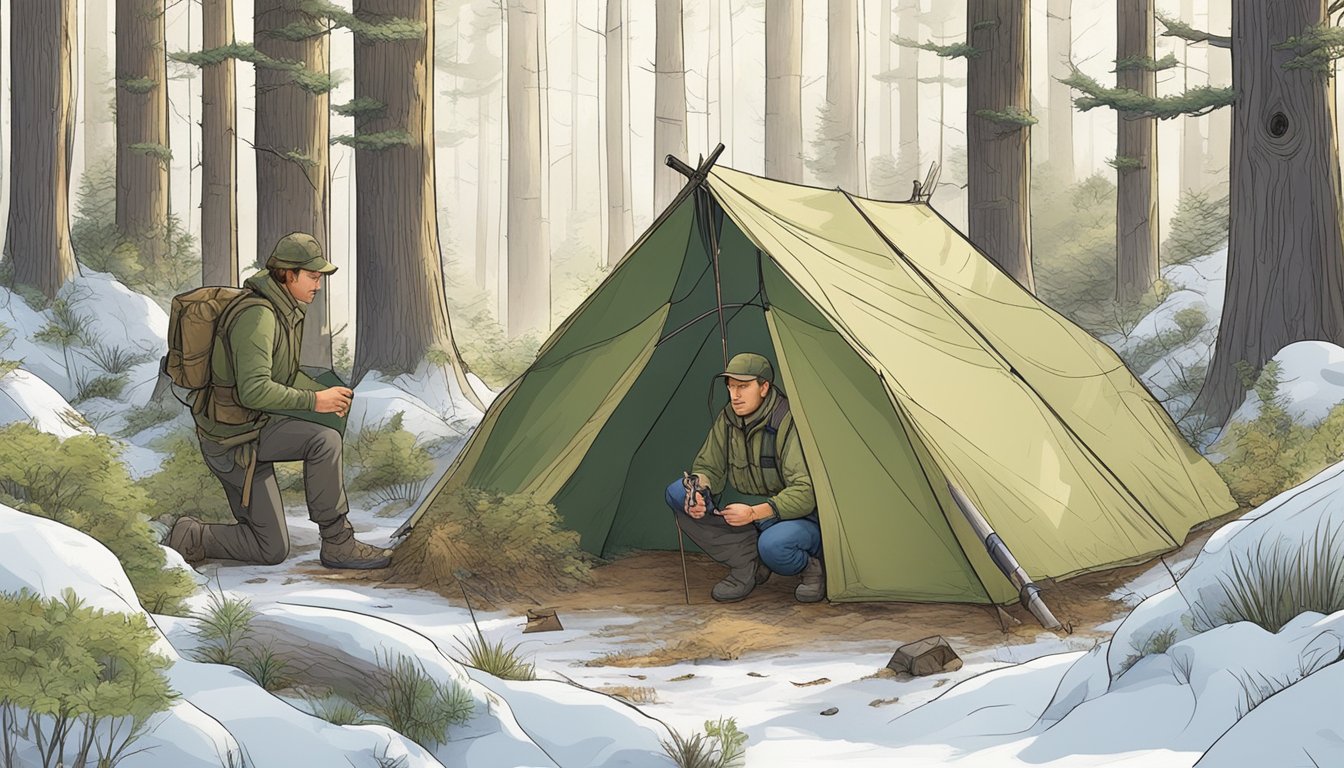 A hunter setting up a shelter in a forest clearing, surrounded by various plants and animal tracks