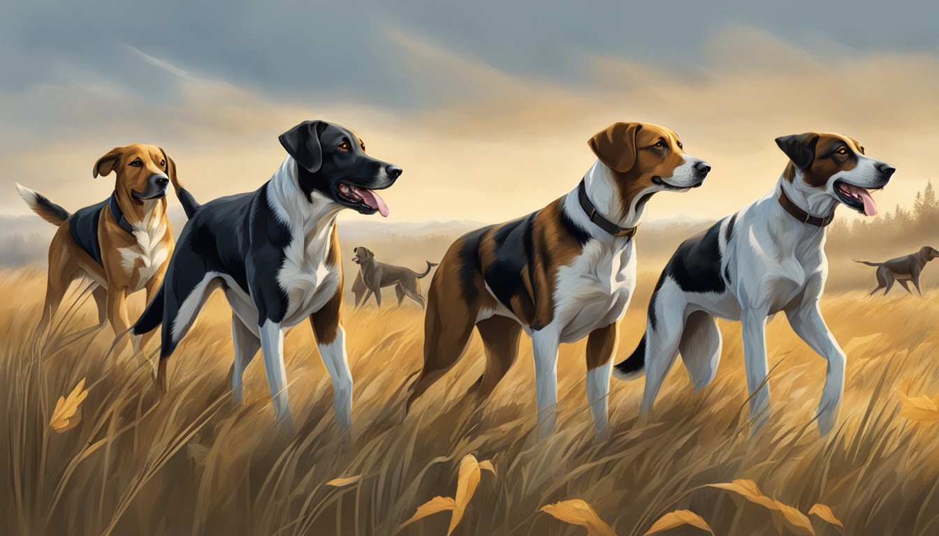 A group of modern hunting dogs in the field, eagerly sniffing and tracking prey, showcasing their natural instincts and skills in assisting hunters