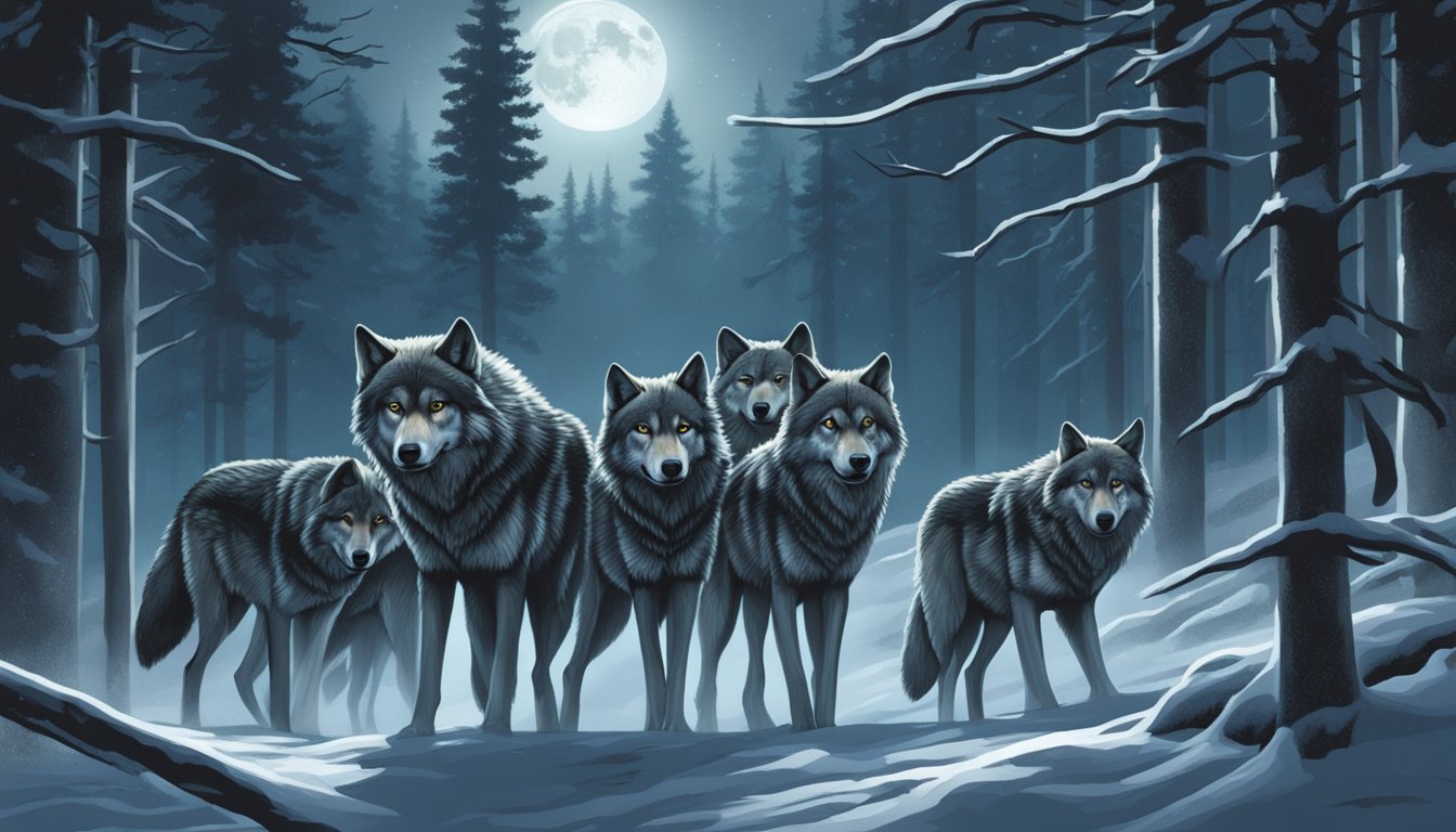 A pack of wolves prowls through a moonlit forest, their eyes gleaming as they search for prey