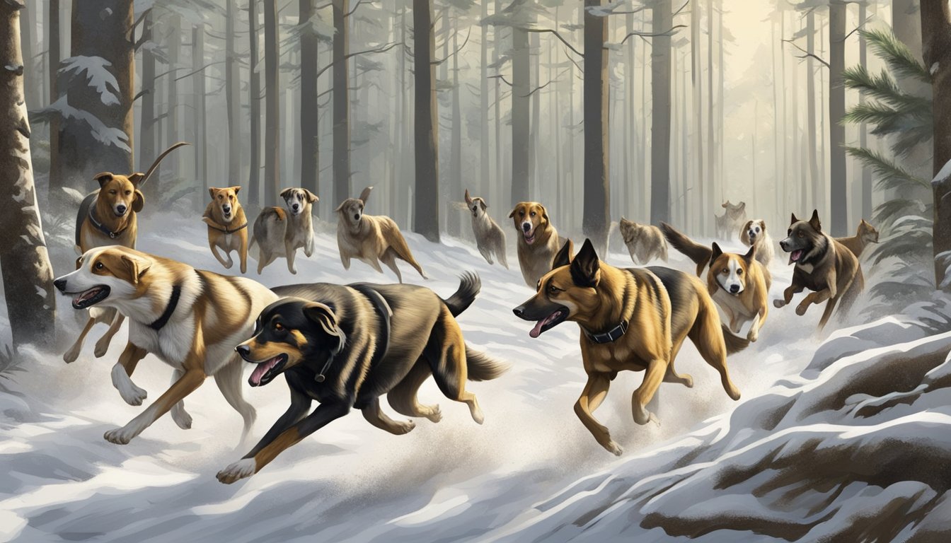 A pack of hunting dogs chasing after a wild animal in a dense forest