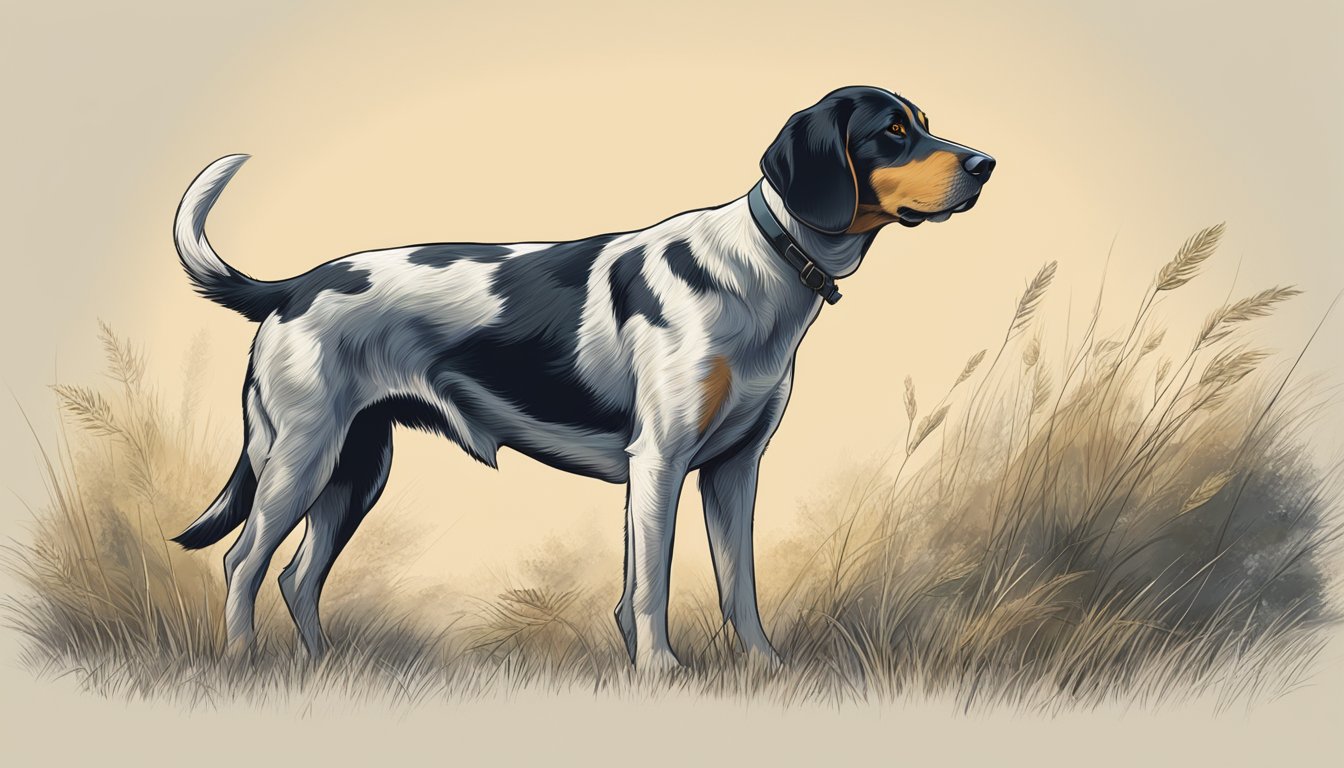 A hunting dog stands alert, nose to the ground, tail raised. Ears perked, it scans the horizon, ready to track and retrieve game