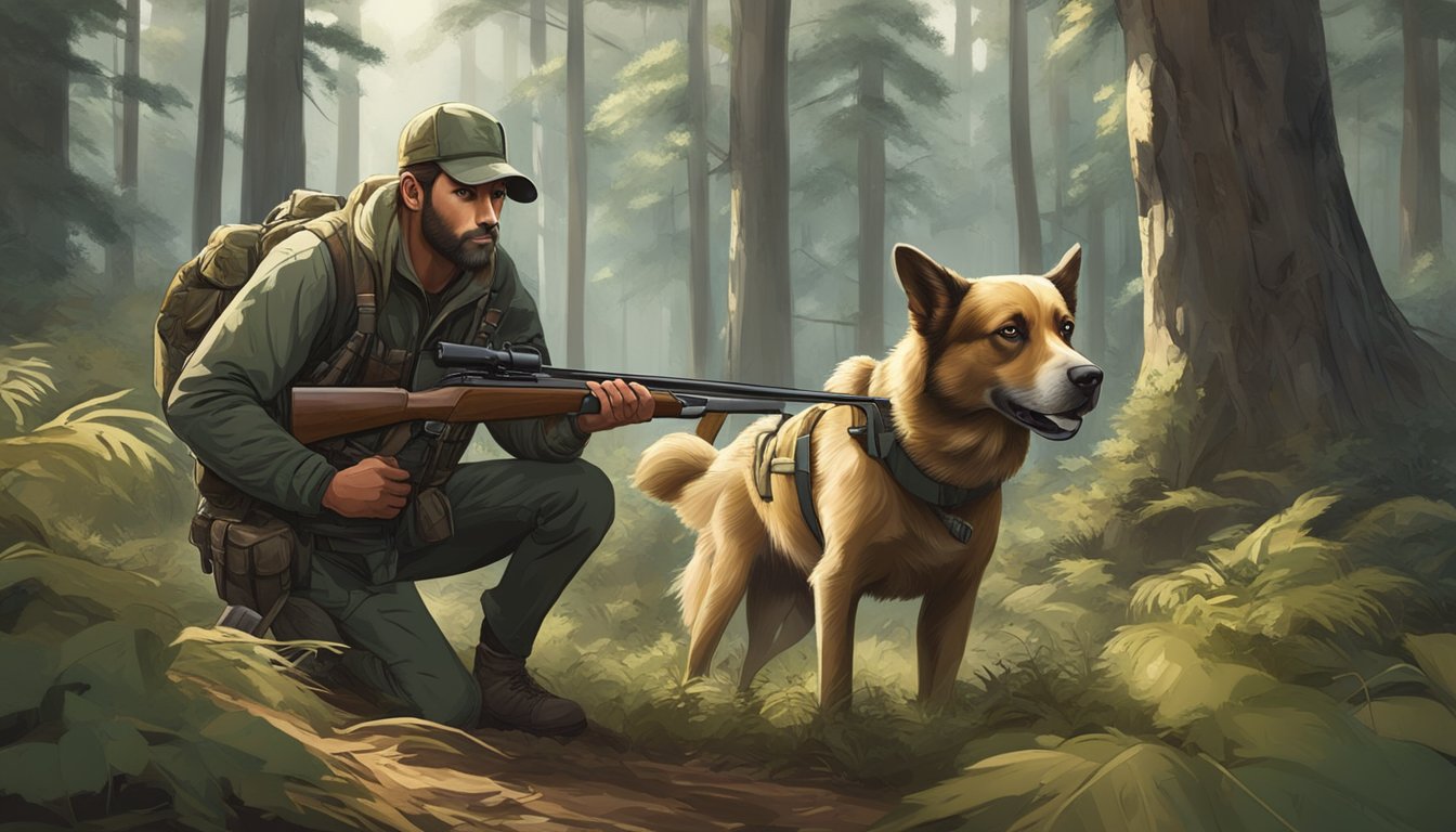 A hunter crouches in the forest, tracking a pack of dogs through the dense underbrush. The hunter is armed with a crossbow and a determined expression