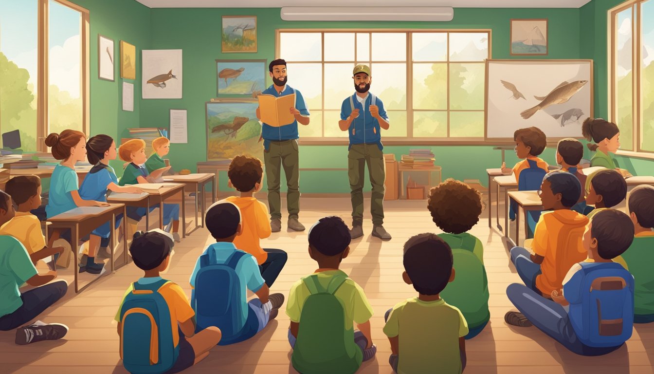 A group of children sit in a classroom, learning about wildlife and safety from an instructor with hunting gear on the wall