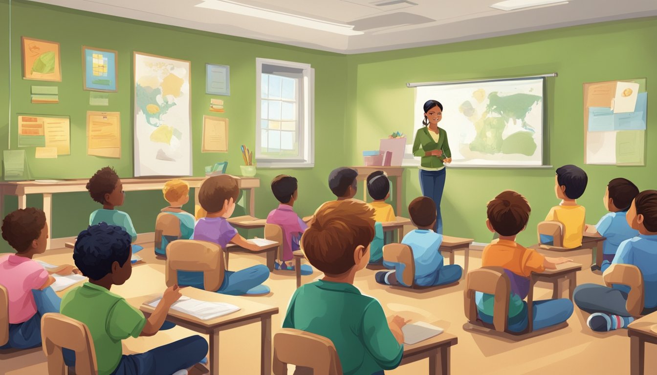 A group of children sitting in a classroom, listening to an instructor talk about hunter education. Visual aids and educational materials are displayed around the room