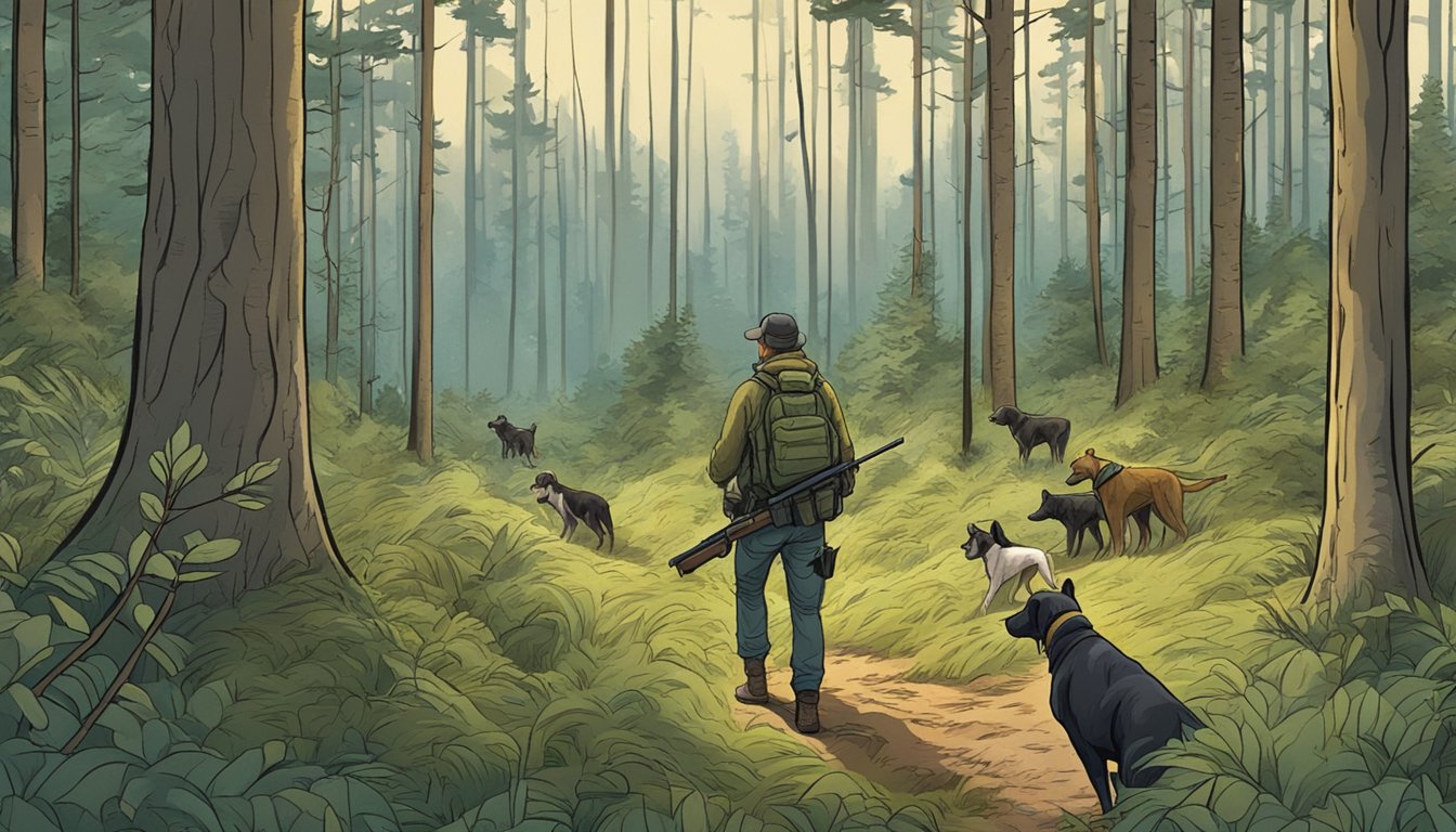 A person with a rifle stalking a pack of dogs in a forest clearing