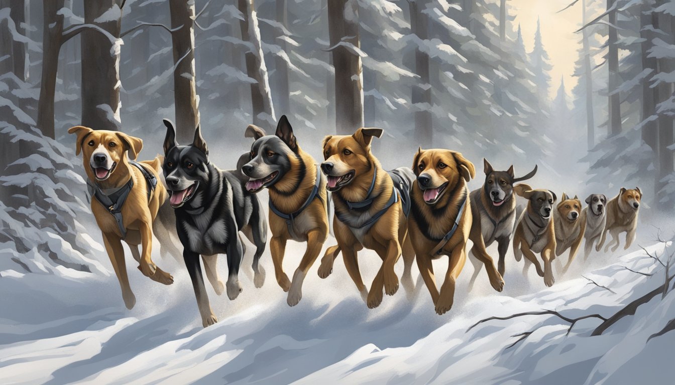 A pack of hunting dogs sprint through a dense forest, their keen senses and muscular bodies embodying the multifaceted nature of their hunting abilities