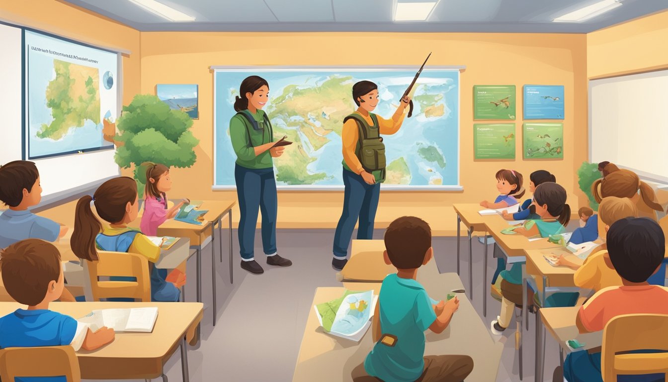 A group of children in a classroom, learning about hunting safety and wildlife conservation from an instructor. Visual aids and educational materials are displayed around the room