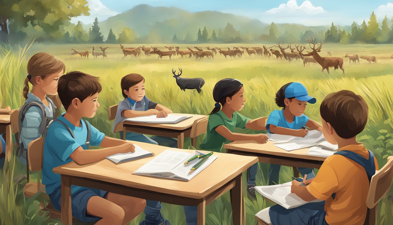 A group of kids sit in a classroom learning about hunter education, while another group practices outdoor skills in a field