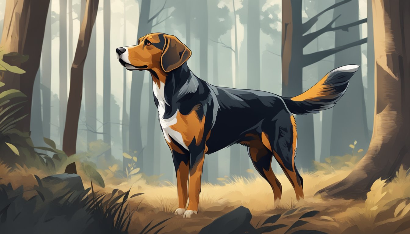 A hunting dog with a keen gaze and strong build stands alert in a forest, tail raised and ears perked