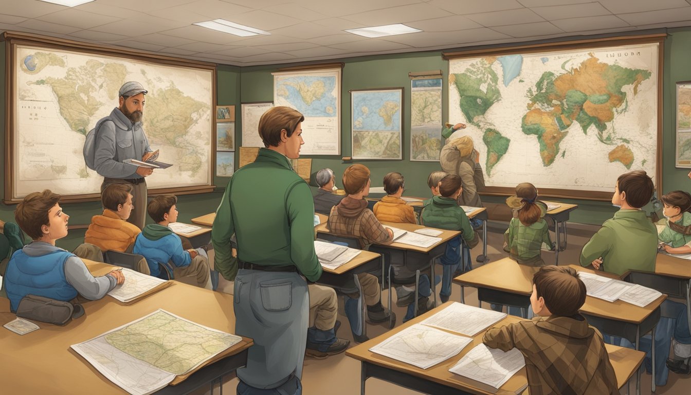 A group of hunters of different ages and backgrounds gather in a classroom setting to learn about the history and importance of hunter education. Maps, diagrams, and funding sources are displayed on the walls