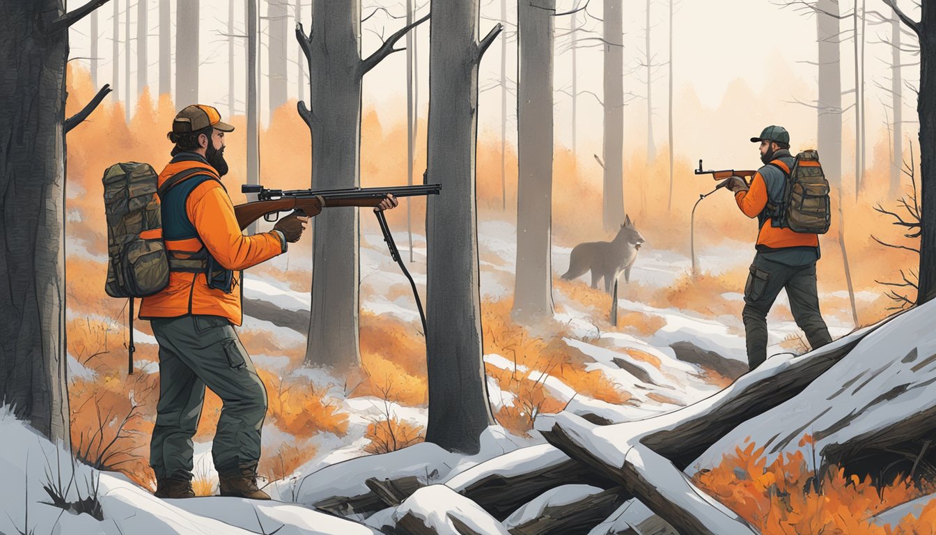 A hunter carrying a rifle walks through a forest, while another hunter sets up a tree stand. Both wear bright orange vests for safety