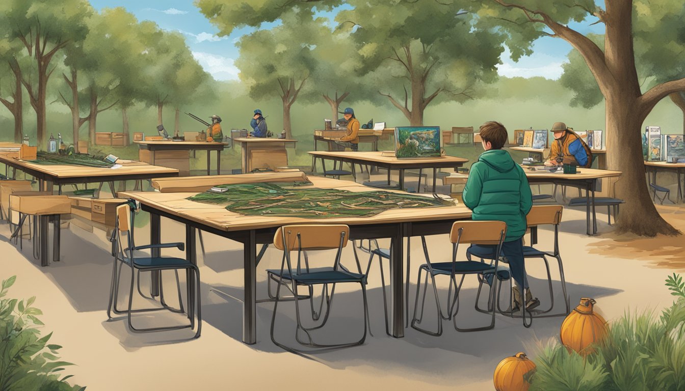 An outdoor classroom with hunting gear, wildlife illustrations, and educational materials on tables. A banner displays "Hunter Education Programs" with logos of funding sources