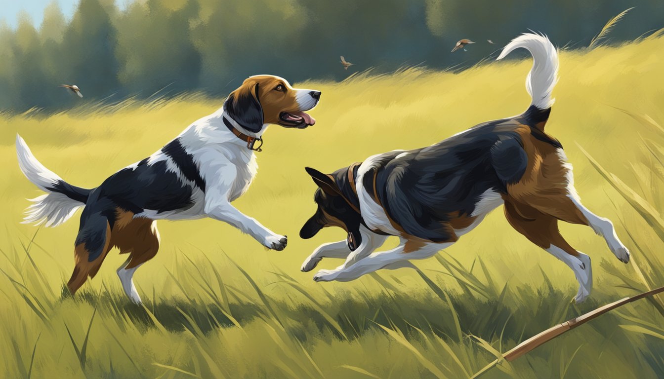 A hunting dog eagerly retrieves a fallen bird in a grassy field, showcasing their skill and enthusiasm in assisting their human companions in the hunt