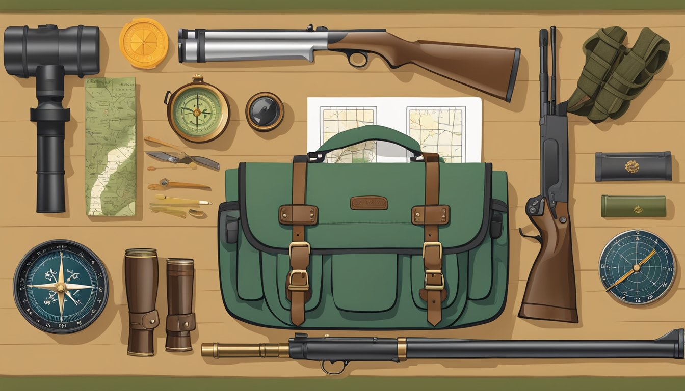 A hunter's gear laid out on a table: rifle, ammunition, compass, map, and field guide