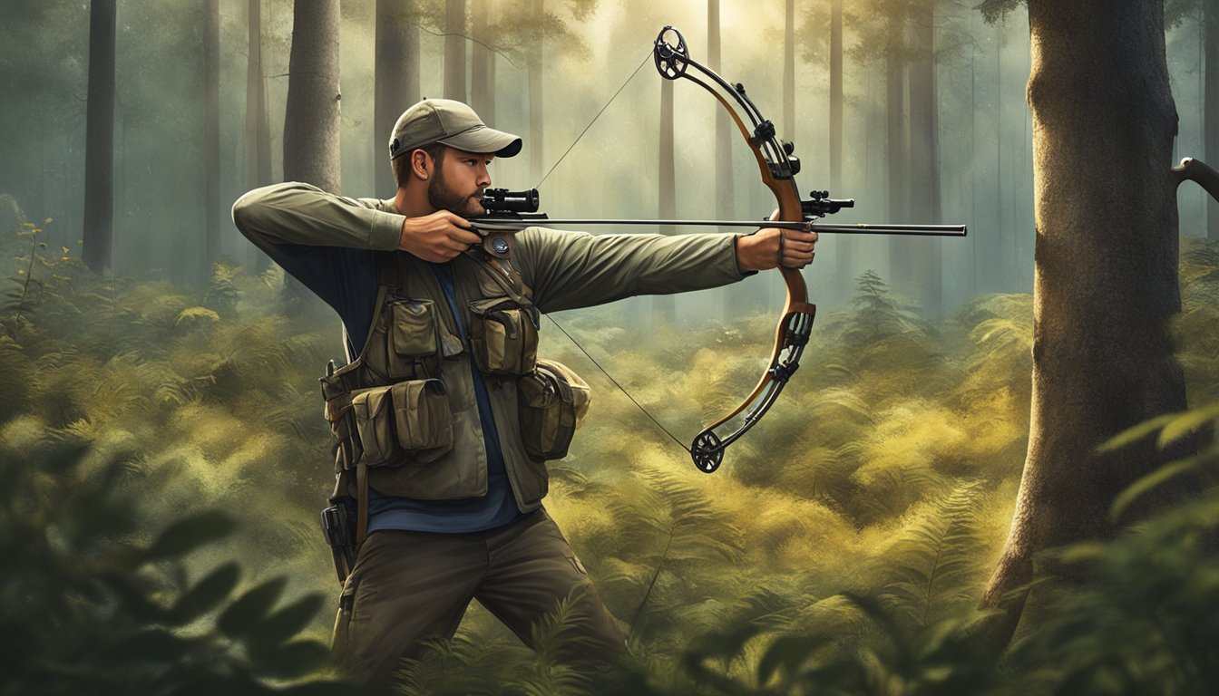 A bowhunter aiming at a target in a forest clearing, surrounded by trees and wildlife