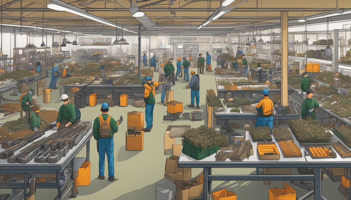 A bustling factory with workers assembling hunting gear, while a retail store displays a variety of hunting equipment. A portion of the sales proceeds are allocated for hunter education funding