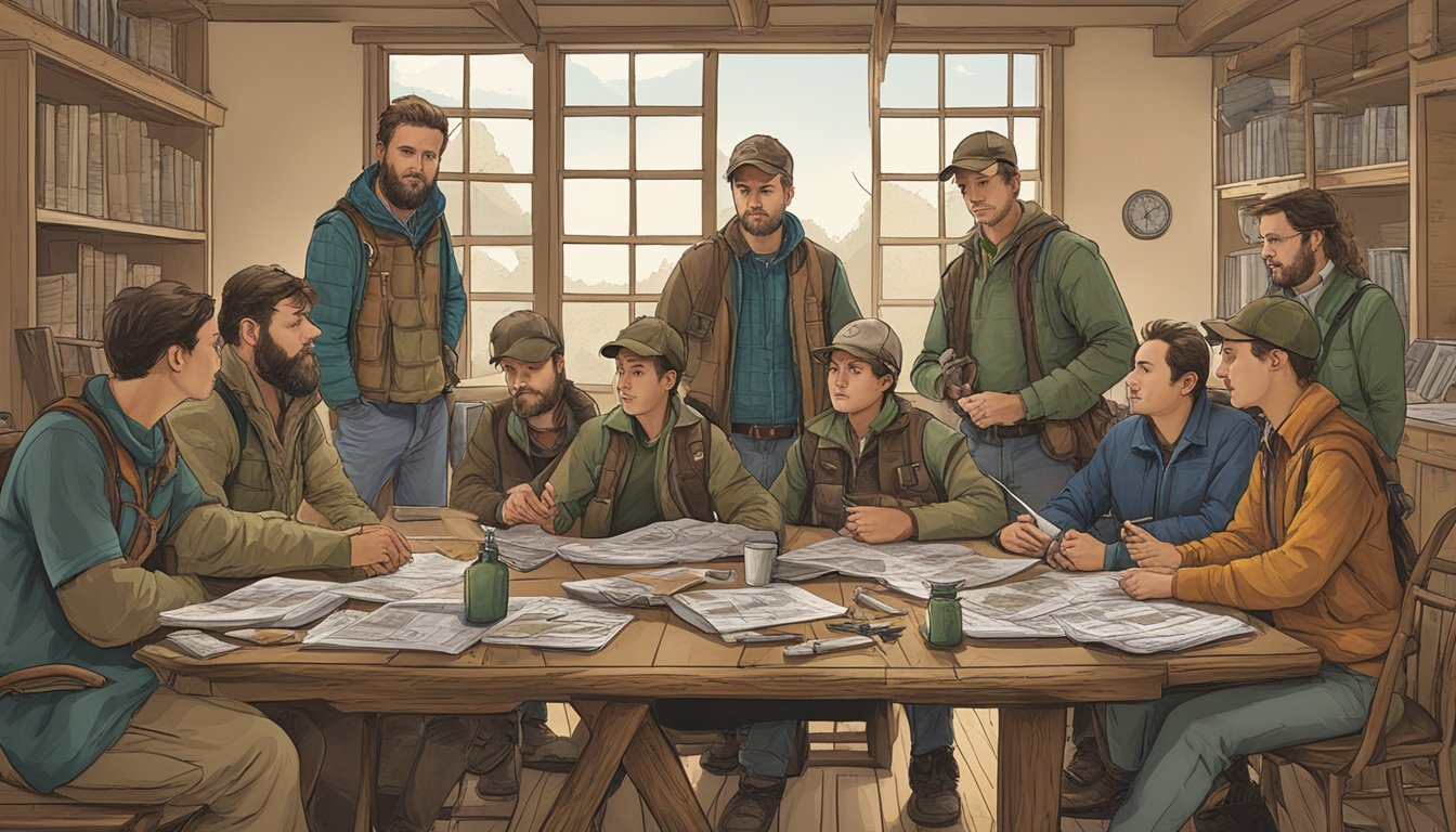 A group of hunters and educators gather around a table, discussing funding sources for hunter education programs. Maps, charts, and hunting gear are scattered across the table