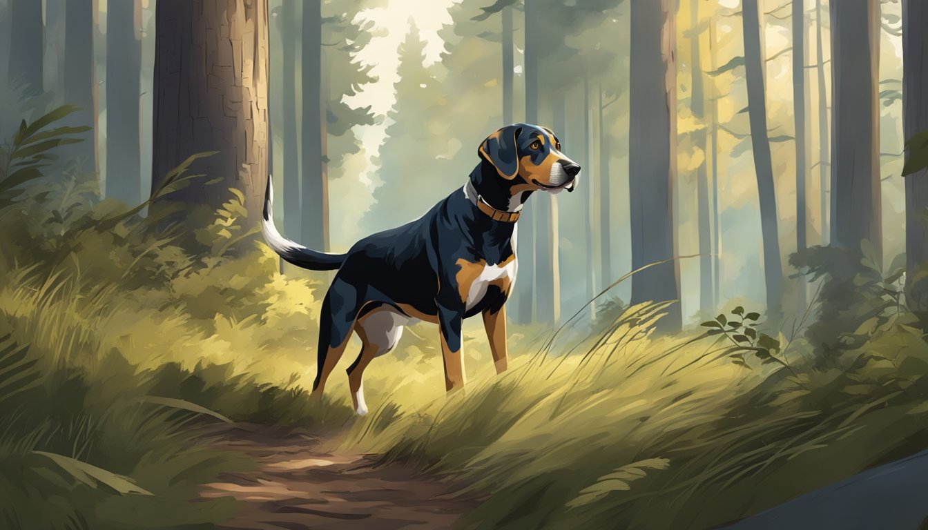 A hunting dog eagerly follows its owner through a dense forest, its nose to the ground as it searches for prey