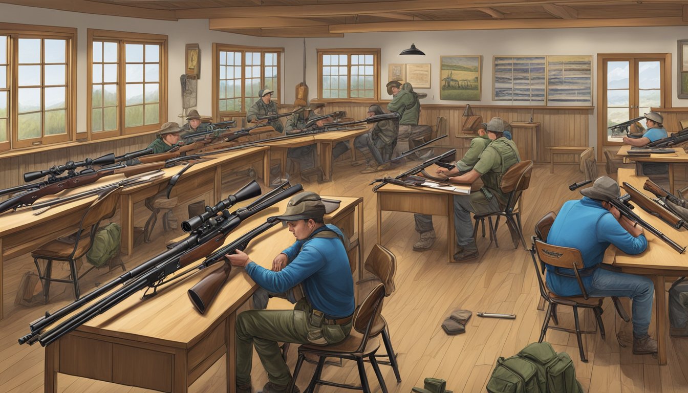 A hunter's education final exam setting with a display of muzzleloading and modern firearms