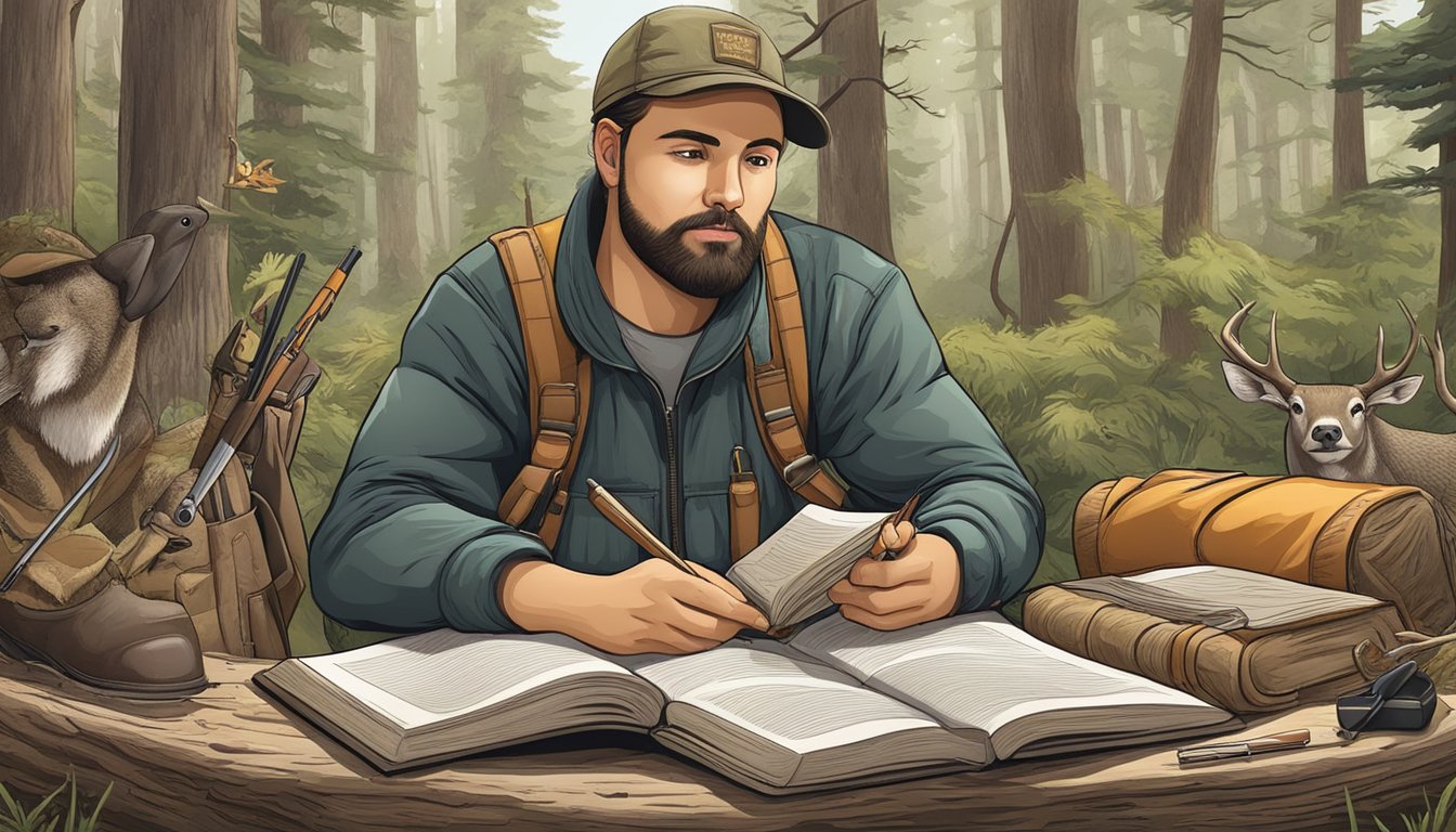 A hunter studying a book on hunting laws, surrounded by wildlife illustrations and educational materials