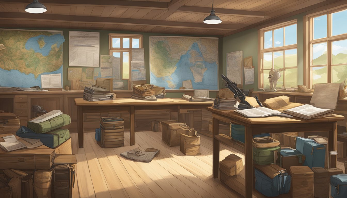 A classroom filled with hunting gear, maps, and wildlife posters. A diploma and application forms are displayed on a desk