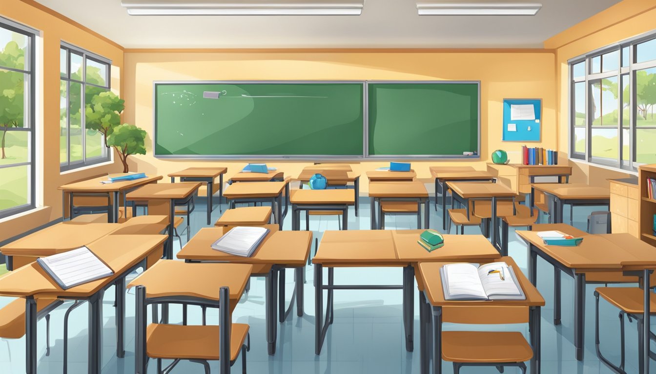 A classroom with desks, whiteboard, and educational materials. Outdoor elements like trees and animals visible through the windows